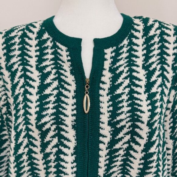 The Michael Collection Green & Cream Knit Zip Front Cardigan Sweater Size XL - Picture 2 of 5